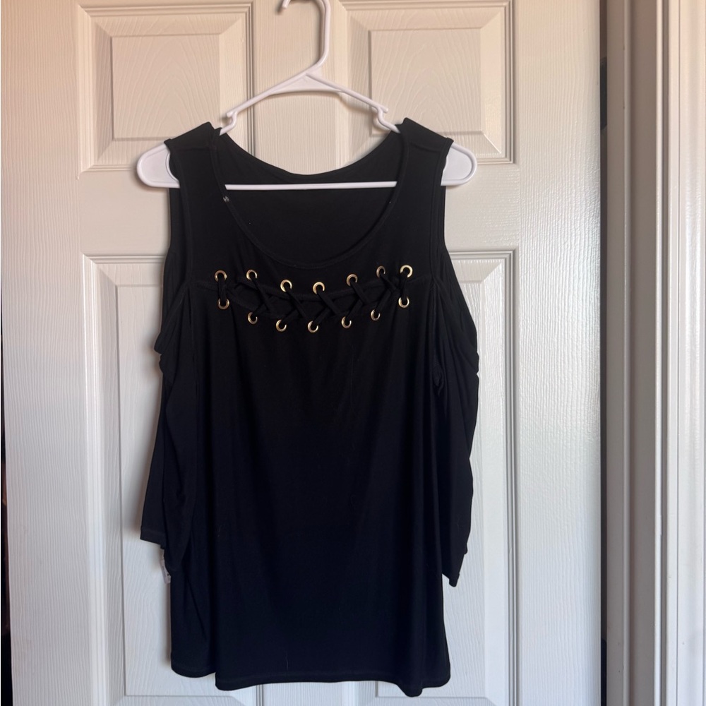 Black Cold-Shoulder Lace-Up Women's Top